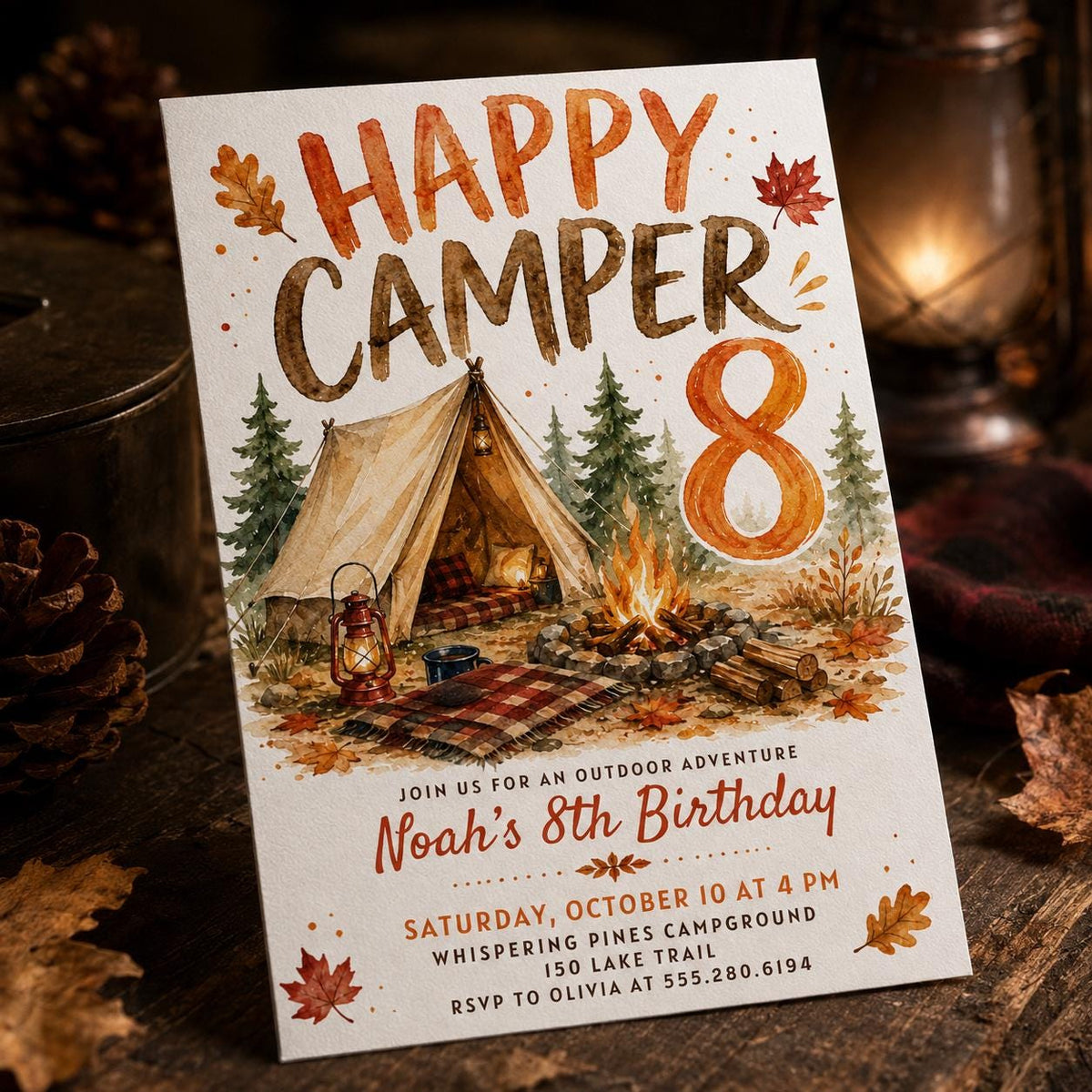 Autumn Happy Camper 8th Birthday Invitation — camping artwork in brown and green