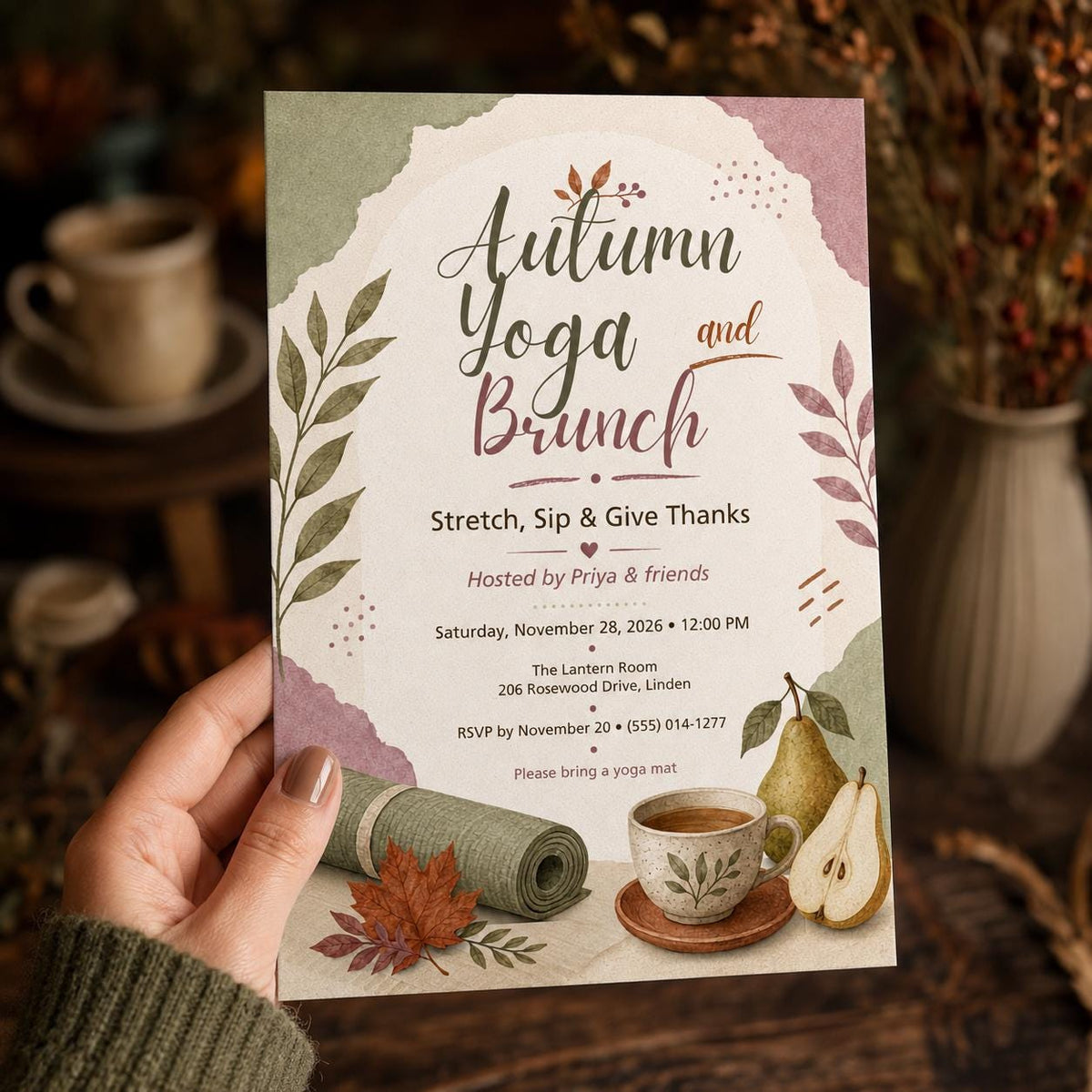 Autumn Yoga Brunch Invitation — Friendsgiving stationery by VoltBy
