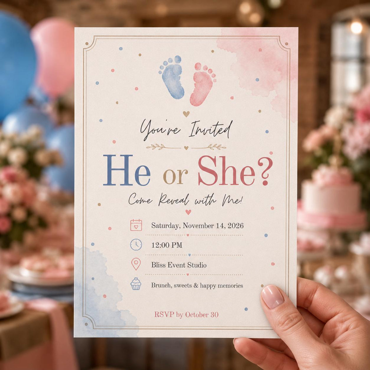Baby Footprints Pink and Blue Gender Reveal Invitation — print-ready gender reveal design from VoltBy