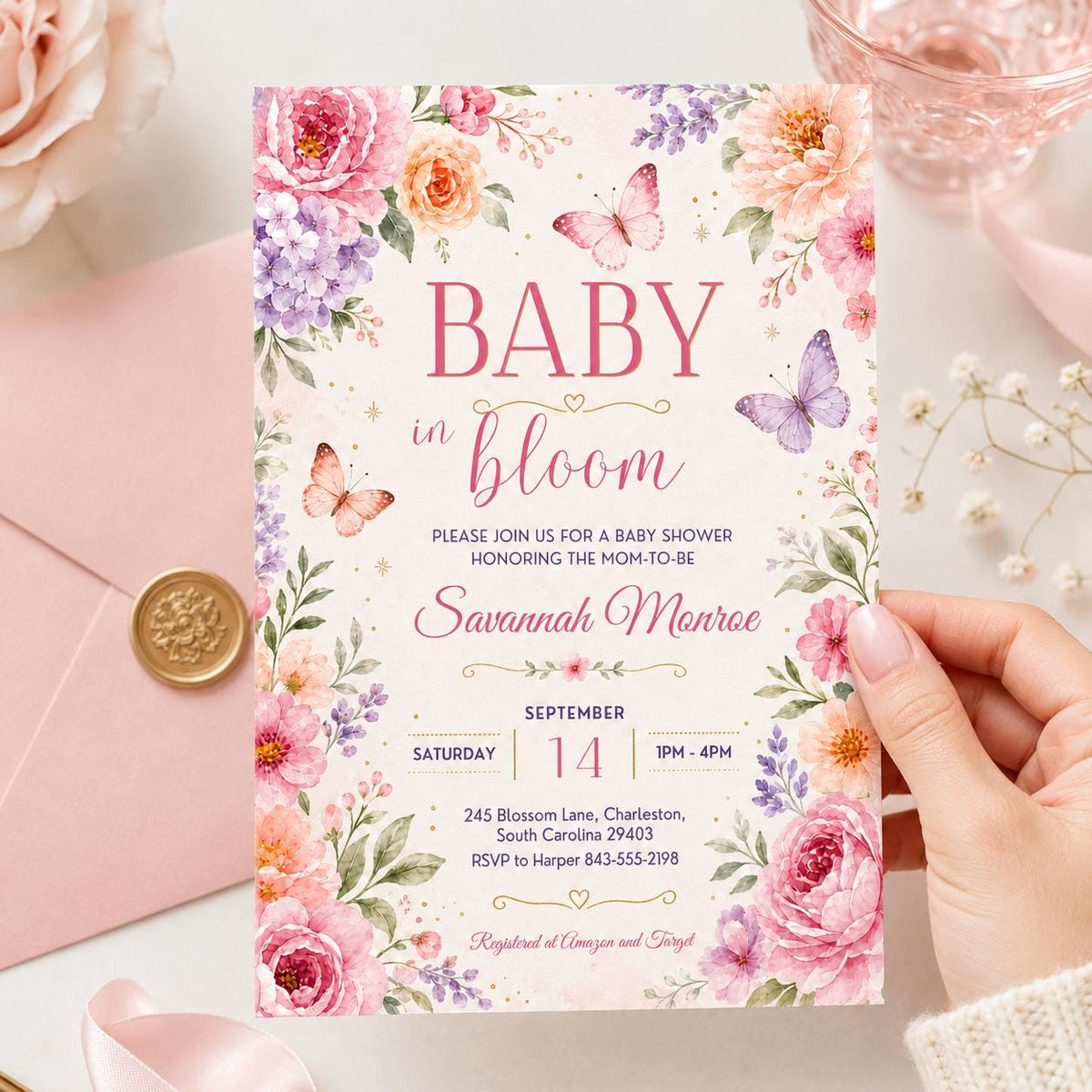 Baby in Bloom Shower Invitation with Floral Garden Frame — butterfly artwork in green and pink