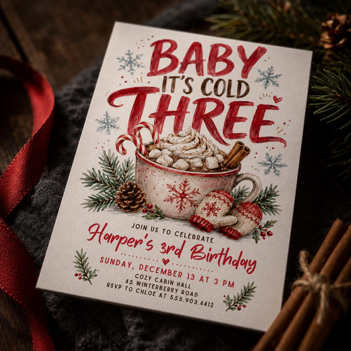 Baby It's Cold Three Birthday Invitation for Girls — 3rd birthday party stationery by VoltBy
