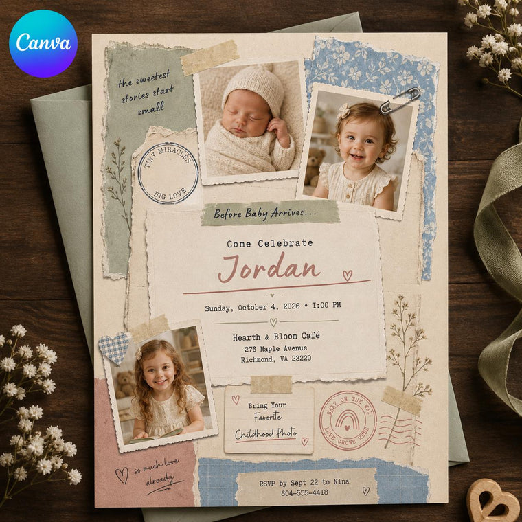 Baby Sprinkle Photo Collage Invitation with Blue Floral Paper