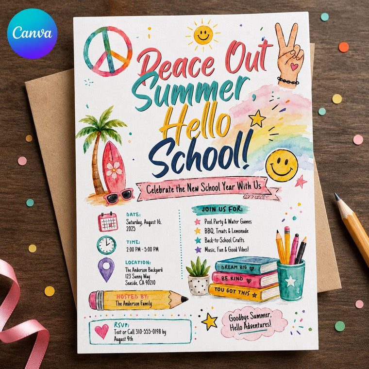 Back to School Pool Party Invitation: Peace Out Summer Hello School