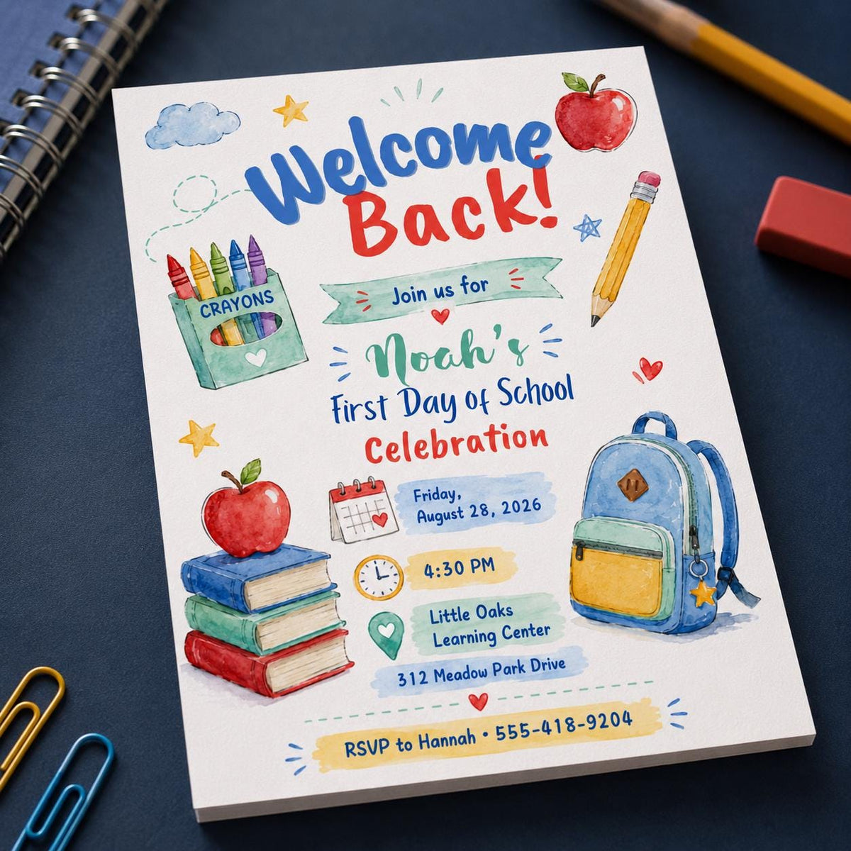 Backpack Back to School Party Invitation — digital invitation, instant download