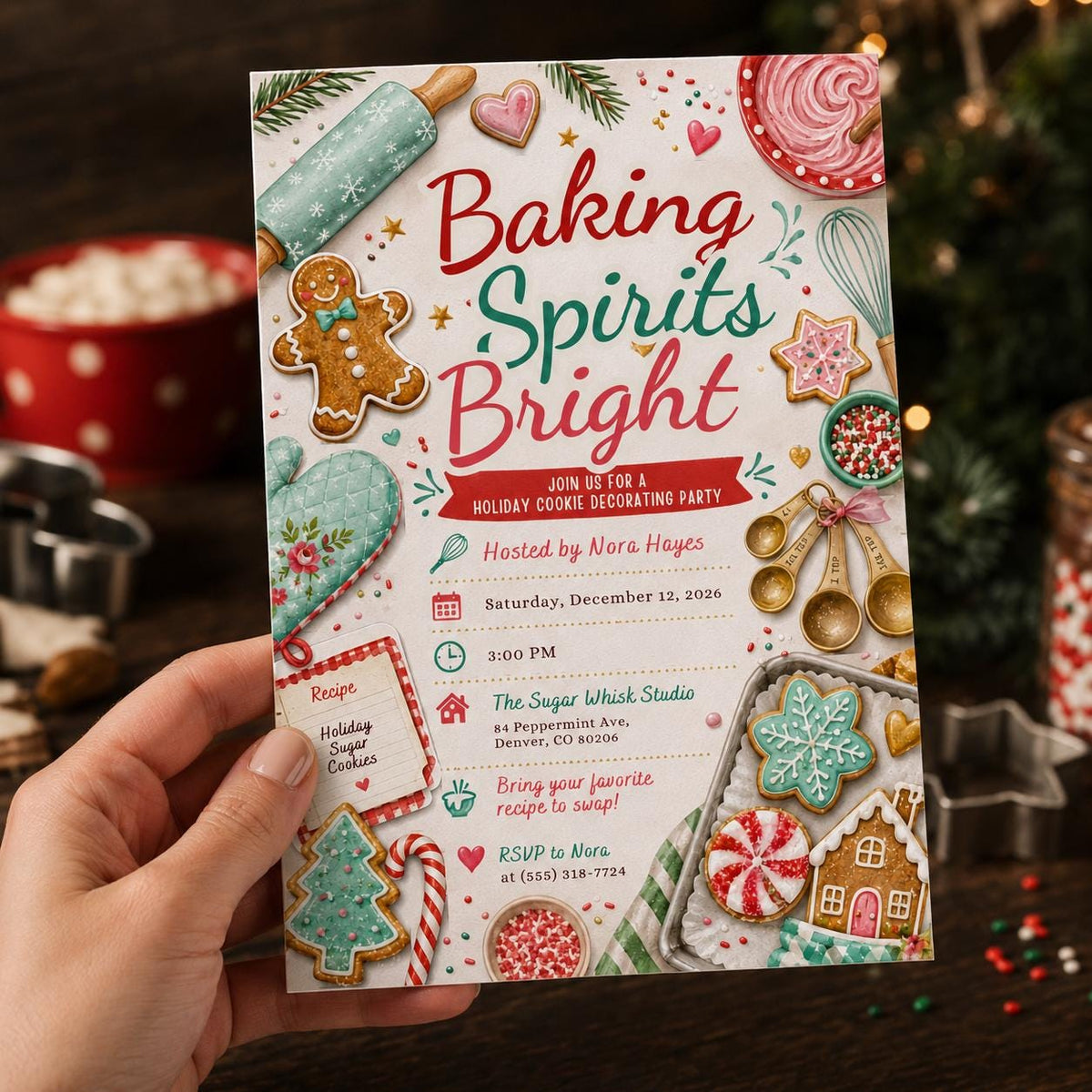Baking Christmas Cookie Decorating Party Invitation: Baking Spirits Bright Holiday — Christmas celebration stationery