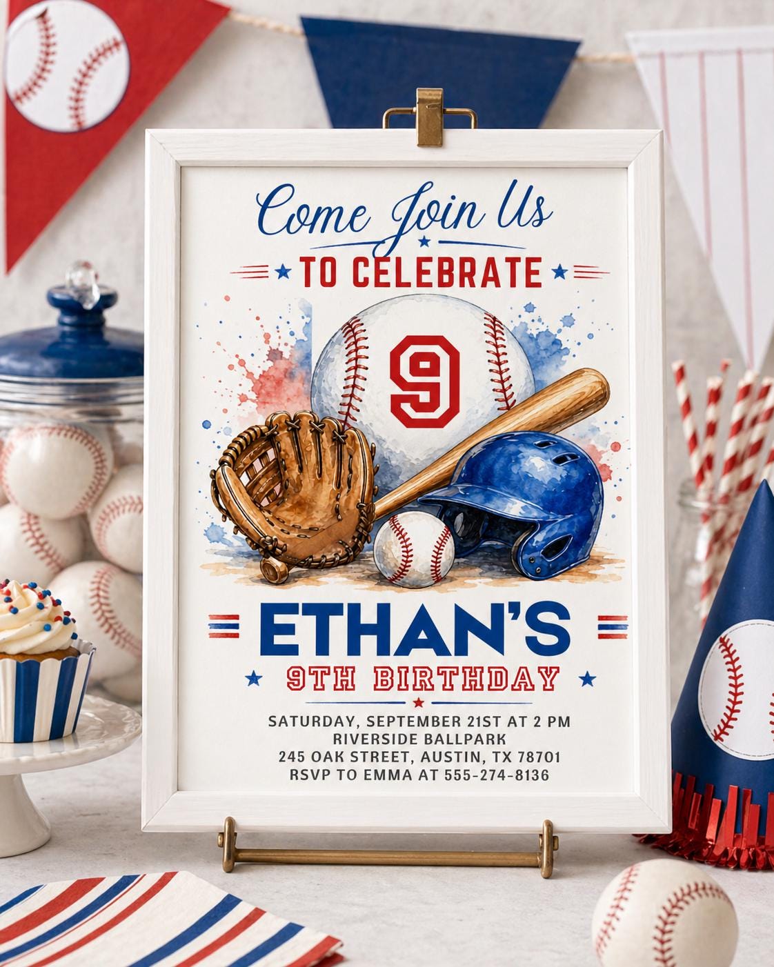 Baseball Equipment 9th Birthday Invitation — 9th birthday party stationery by VoltBy