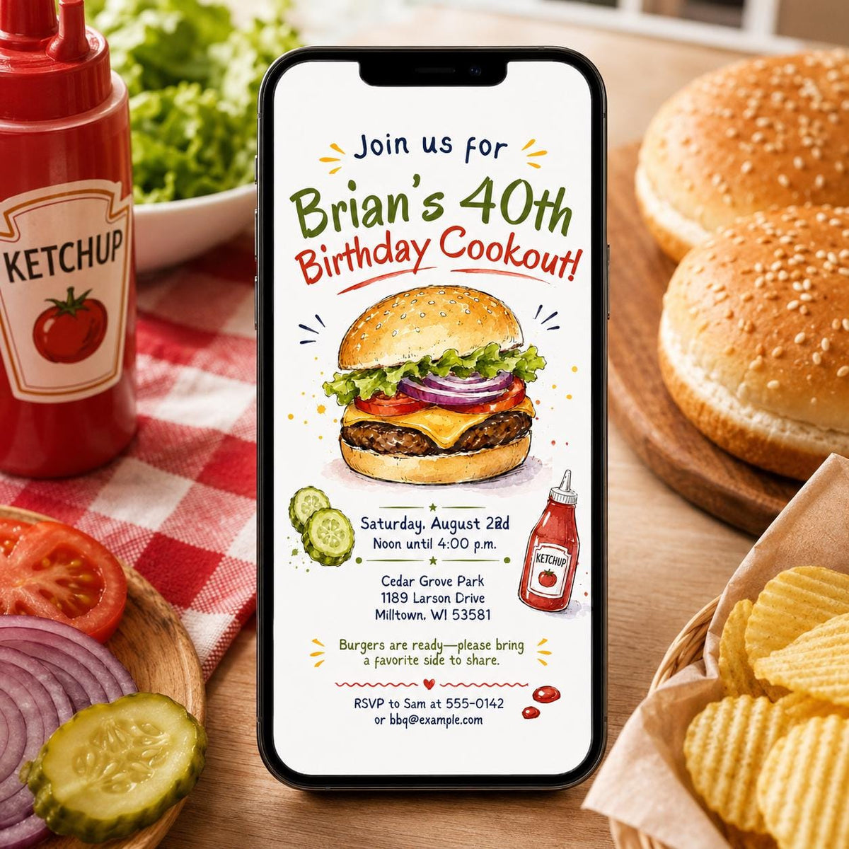 BBQ 40th Birthday Cookout Invitation: Backyard BBQ Burger Party — digital invitation, instant download