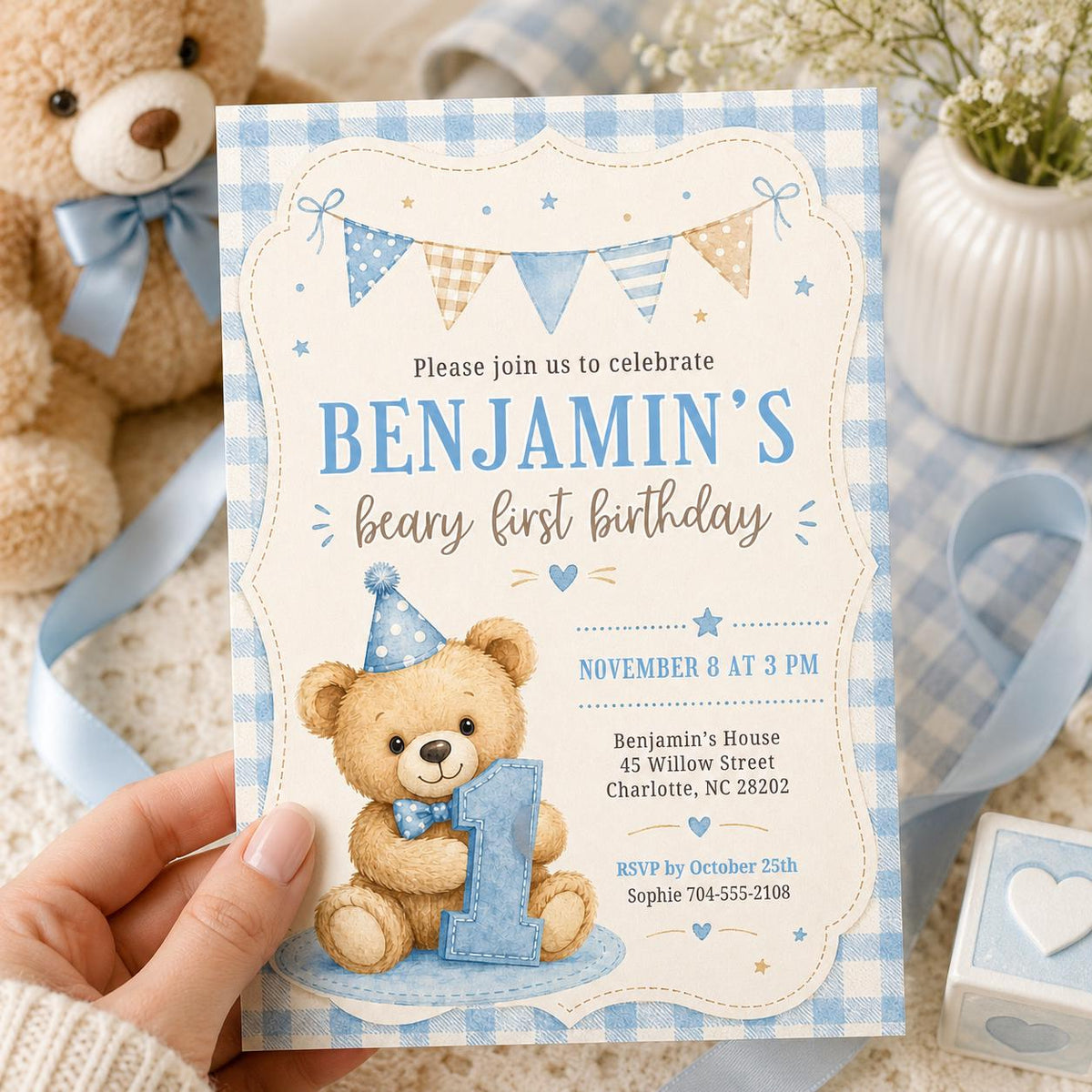 Beary First Birthday Invitation with Blue Gingham Border — teddy bear artwork in cream