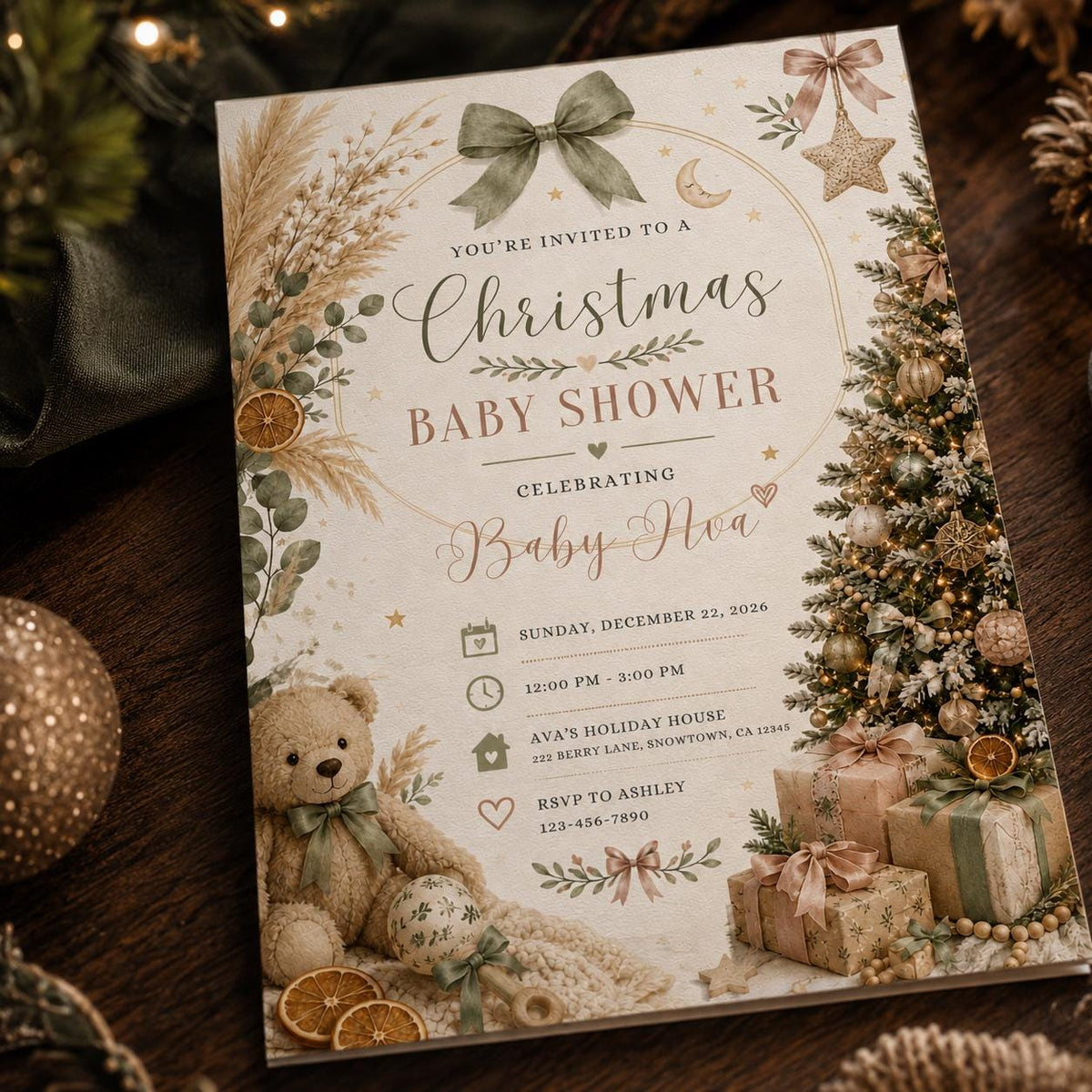 Beige and Neutral Christmas Baby Shower Invitation — print-ready baby shower design from VoltBy