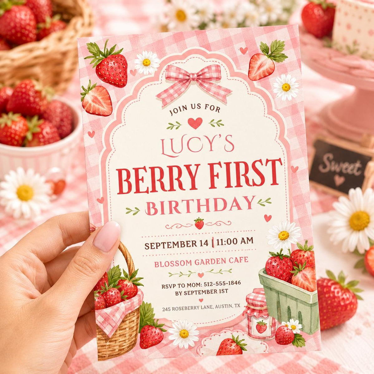 Berry First Birthday Invitation with Gingham Bow — print-ready first birthday design from VoltBy