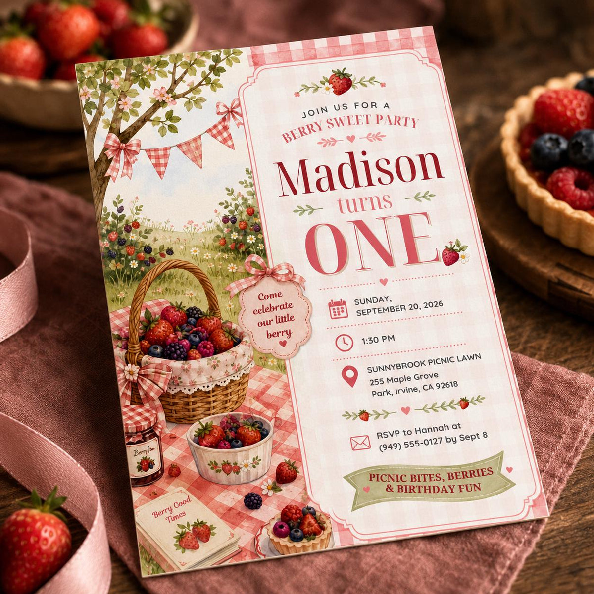 Berry Picnic Garden First Birthday Invitation — print-ready first birthday design from VoltBy