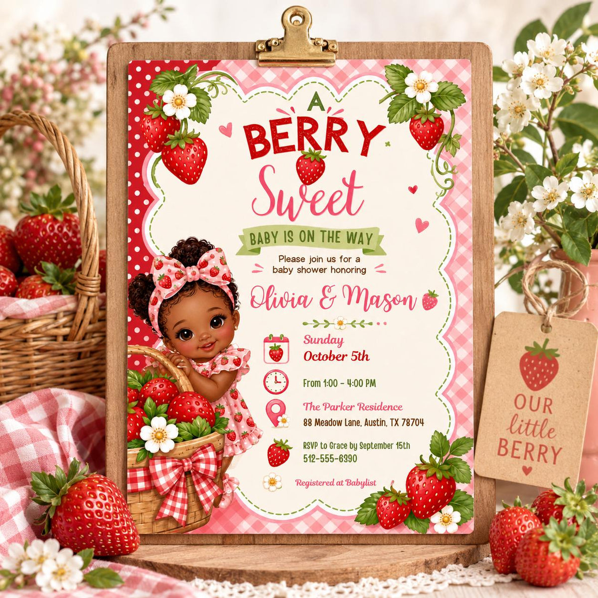 Berry Sweet Baby Shower Invitation with Baby Illustration — floral and strawberry artwork in green and pink