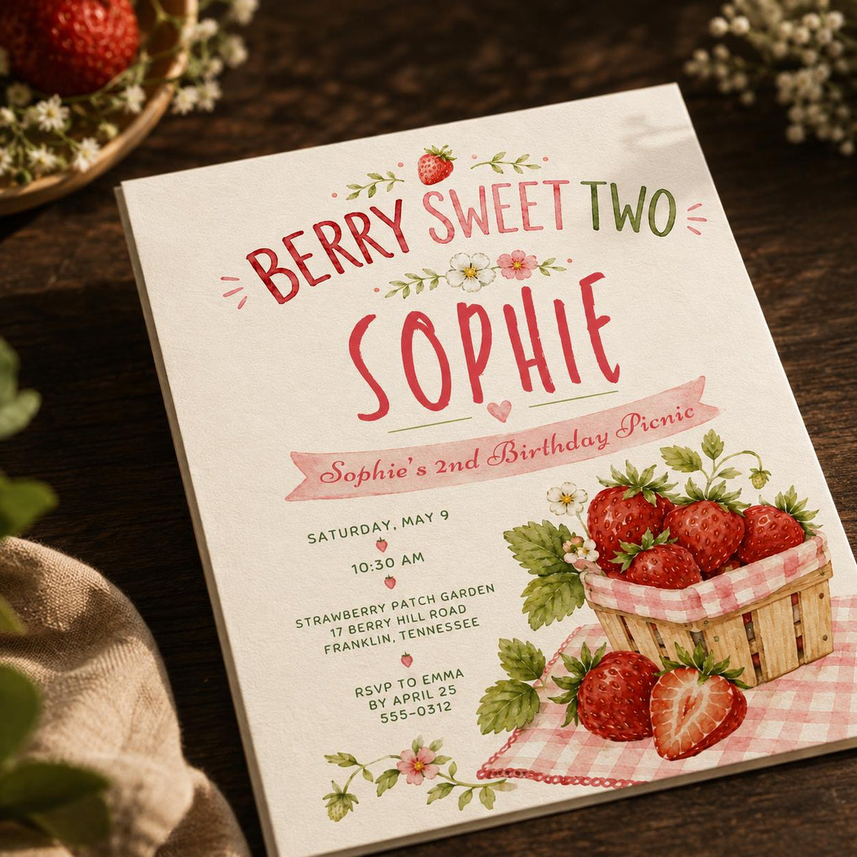 Berry Sweet Two Birthday Invitation for Girls — digital invitation, instant download