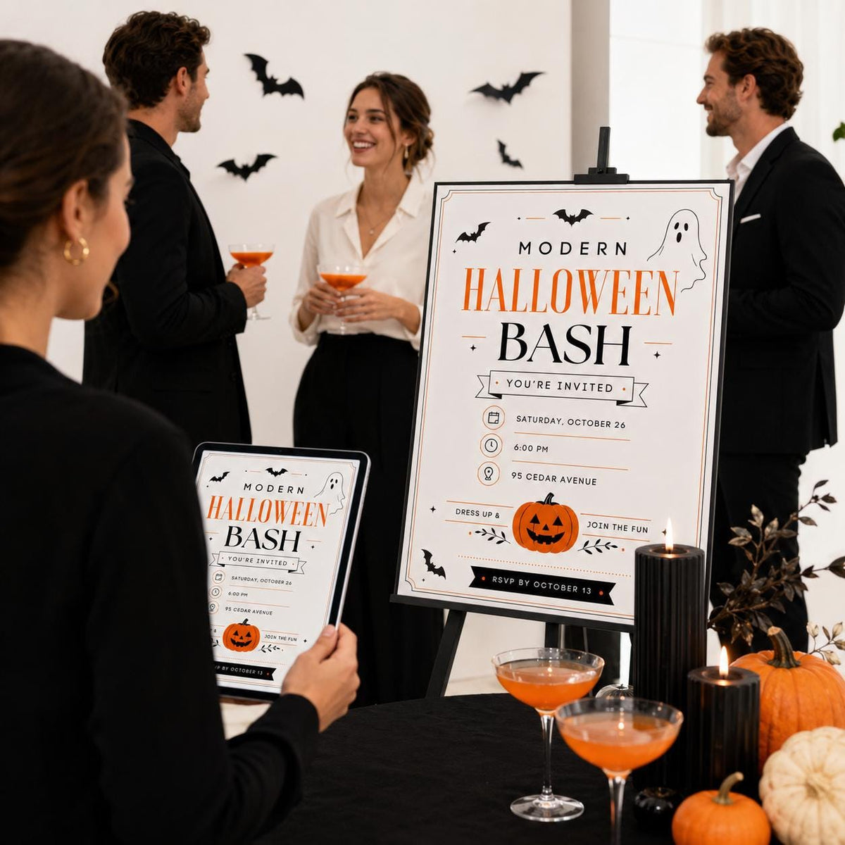 Black and Orange Modern Halloween Party Invitation — print-ready Halloween party design from VoltBy