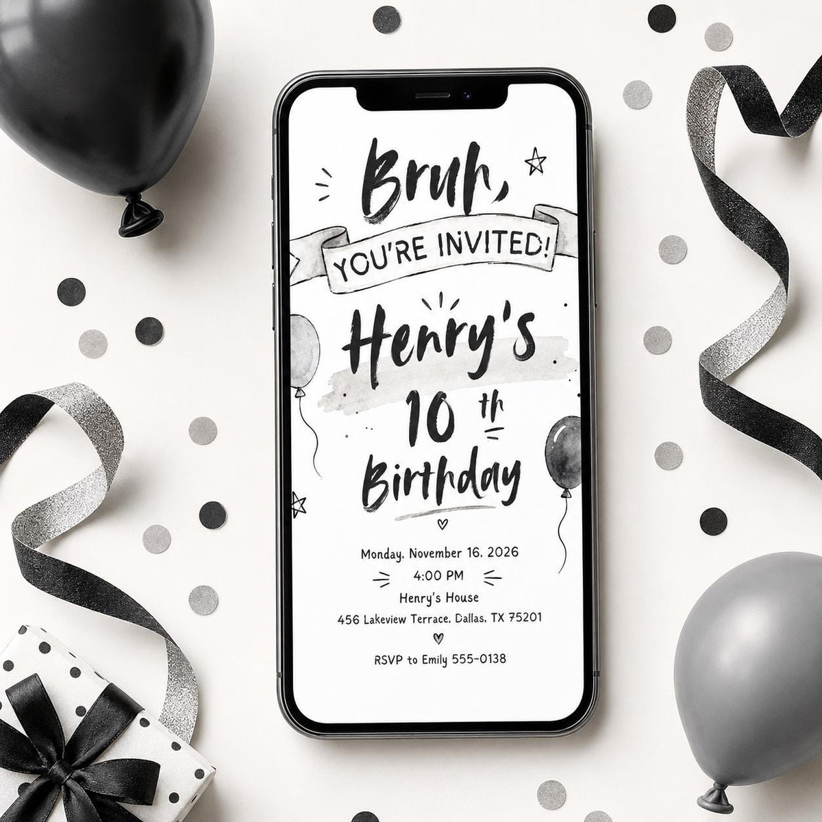 Black and White Bruh 10th Birthday Invitation for Boys — 10th birthday party stationery by VoltBy