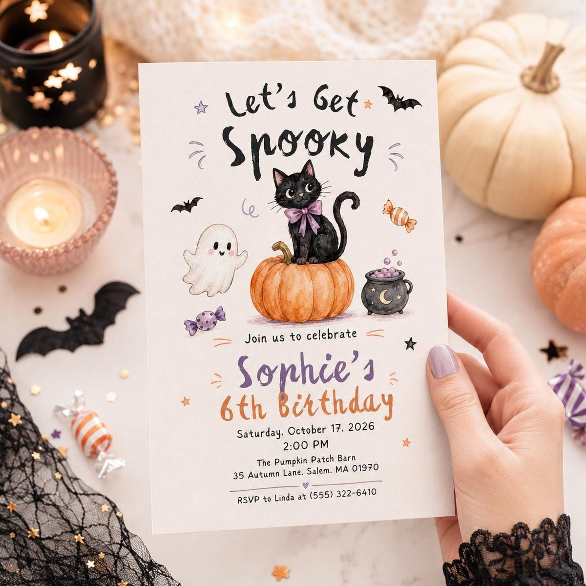 Black Cat and Pumpkin Spooky Birthday Invitation — birthday party stationery by VoltBy
