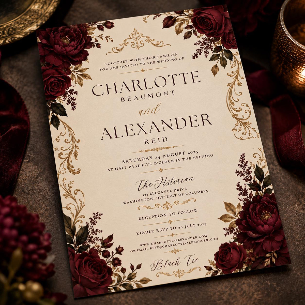 Black Elegant Burgundy Wedding Invitation — digital invitation, instant download