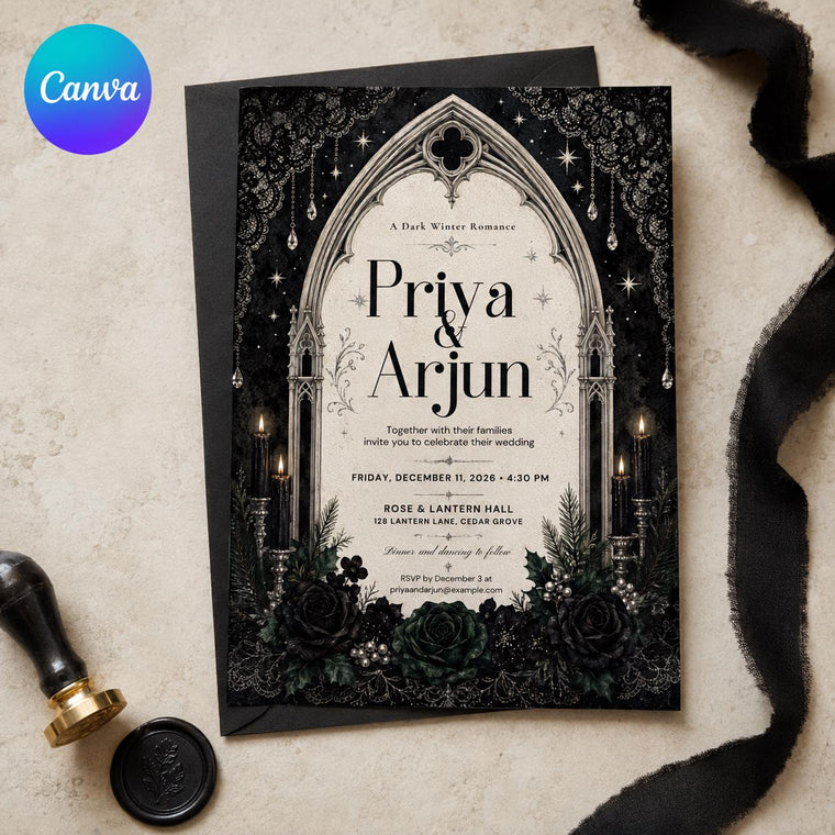 Black Floral Gothic Wedding Invitation