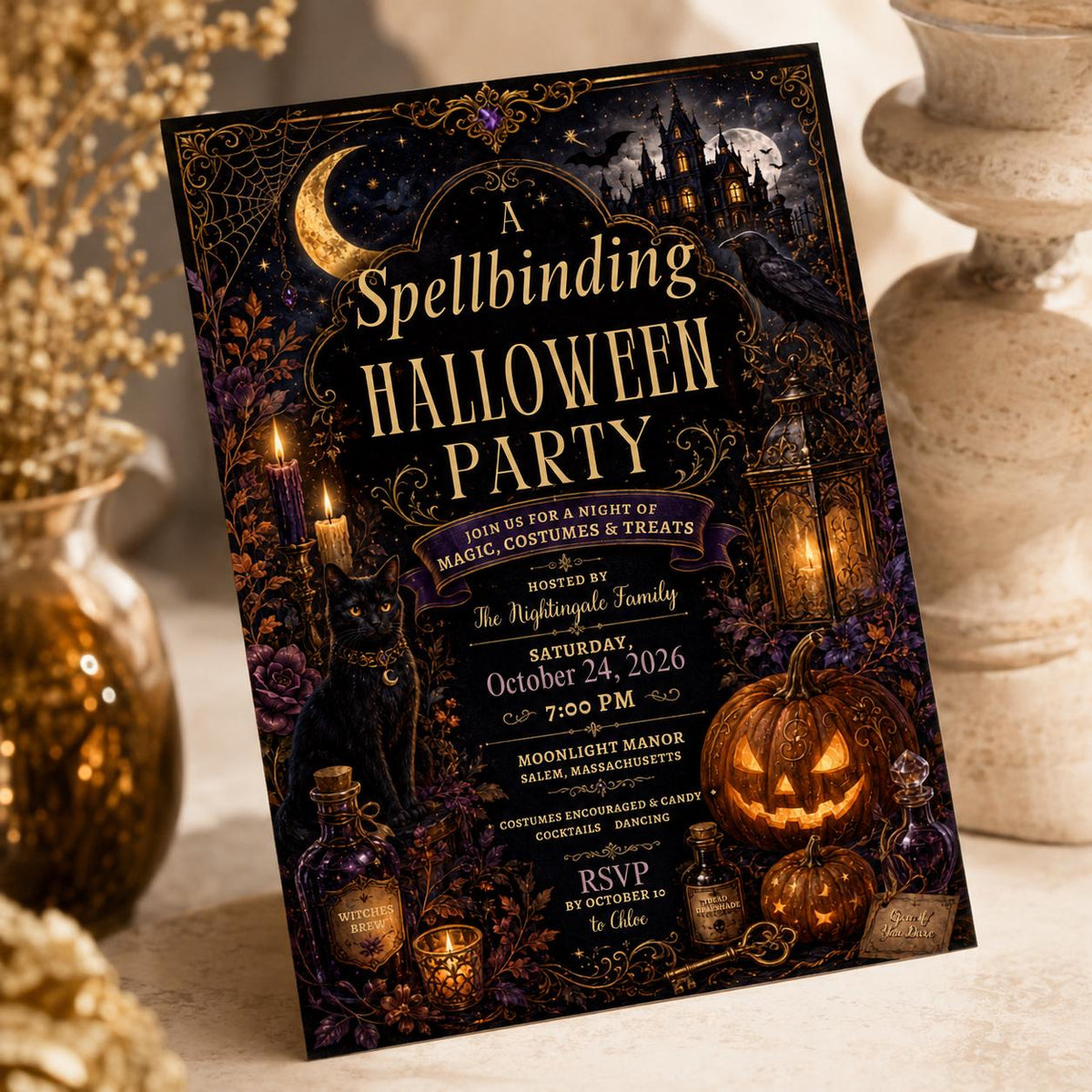 Black Gothic Halloween Party Invitation — digital invitation, instant download