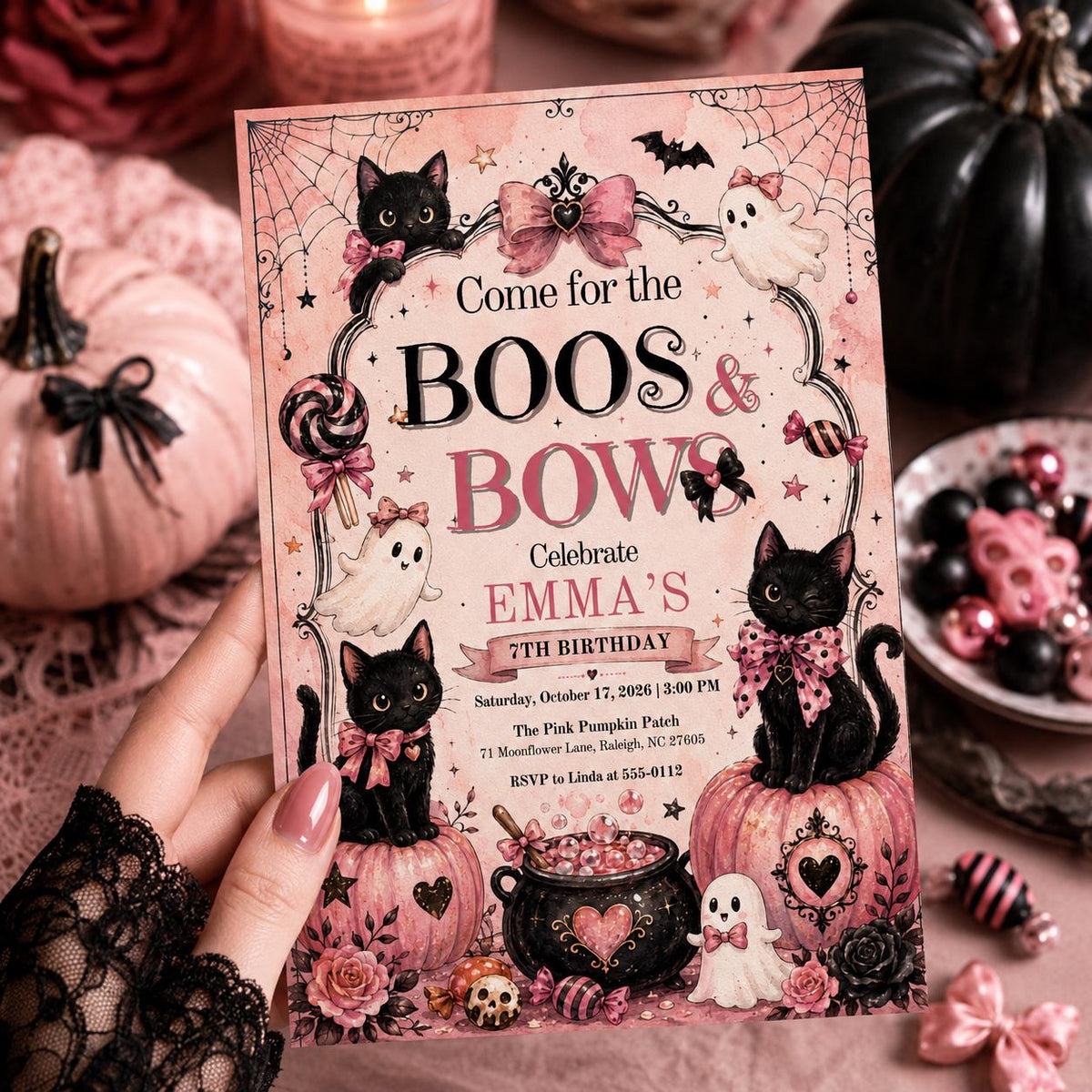 Black Pink Halloween 7th Birthday Invitation for Girls — digital invitation, instant download