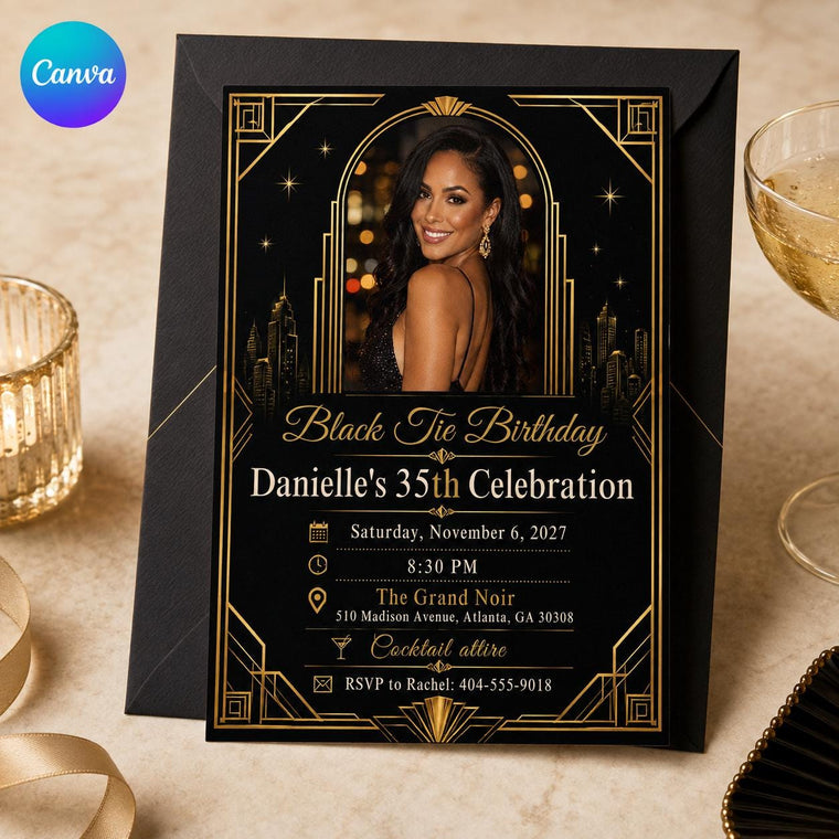 Black Tie Photo 35th Birthday Invitation with Angular Gold Frame