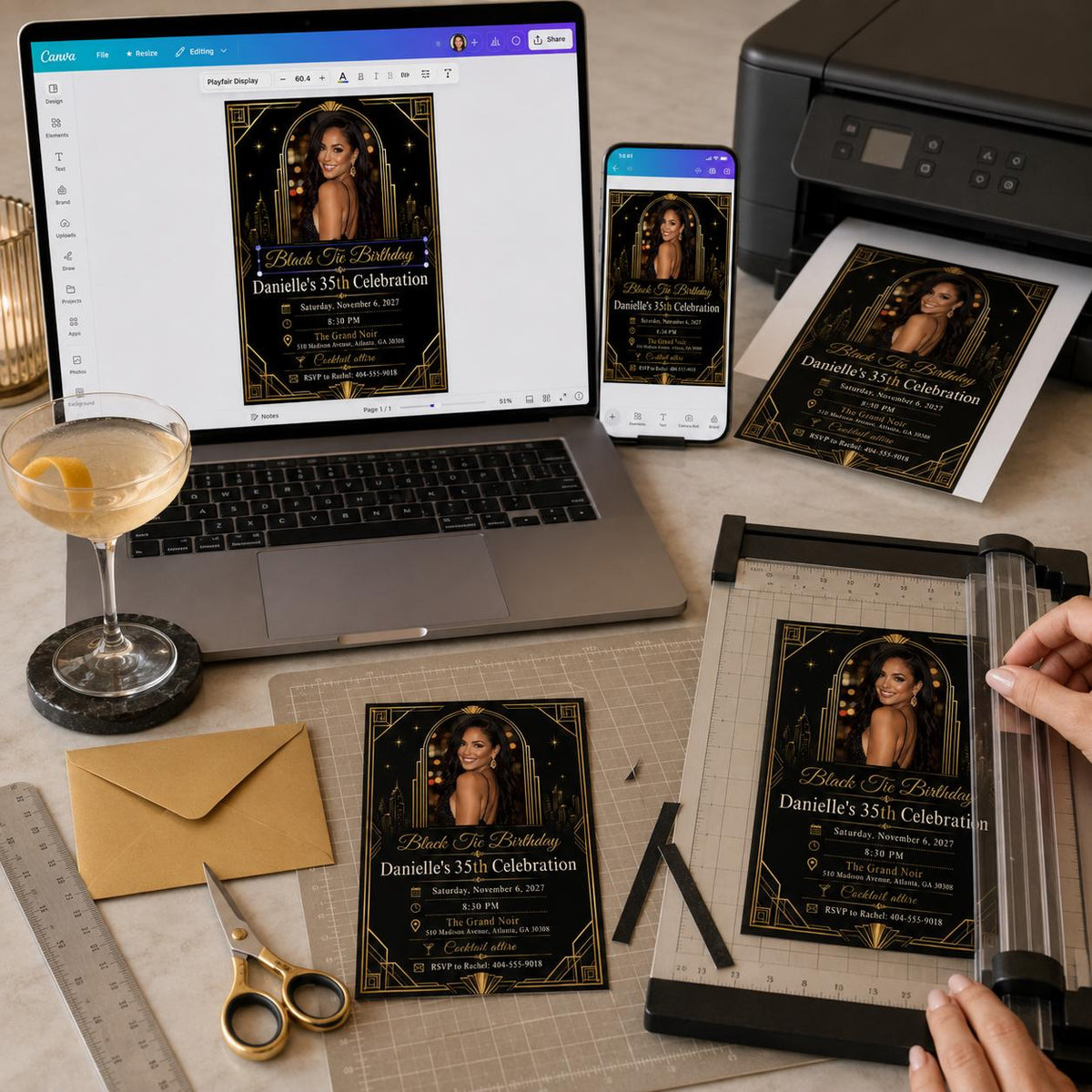 Black Tie Photo 35th Birthday Invitation with Angular Gold Frame — digital invitation, instant download