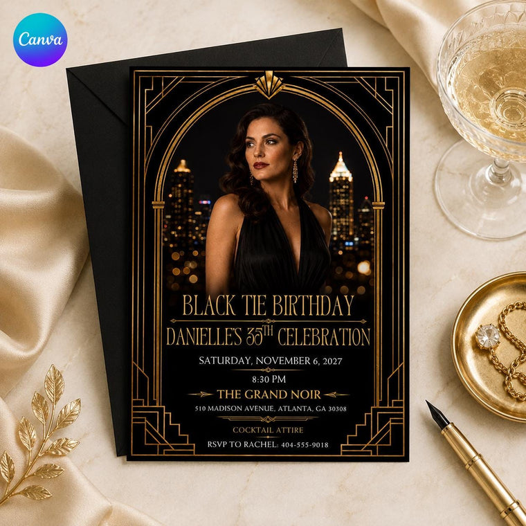 Black Tie Photo 35th Birthday Invitation with Tall Gold Arch