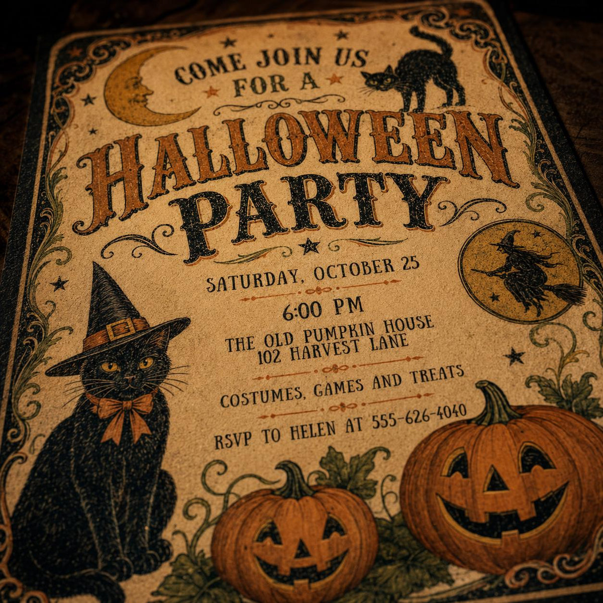 Black Vintage Halloween Party Invitation — print-ready Halloween party design from VoltBy