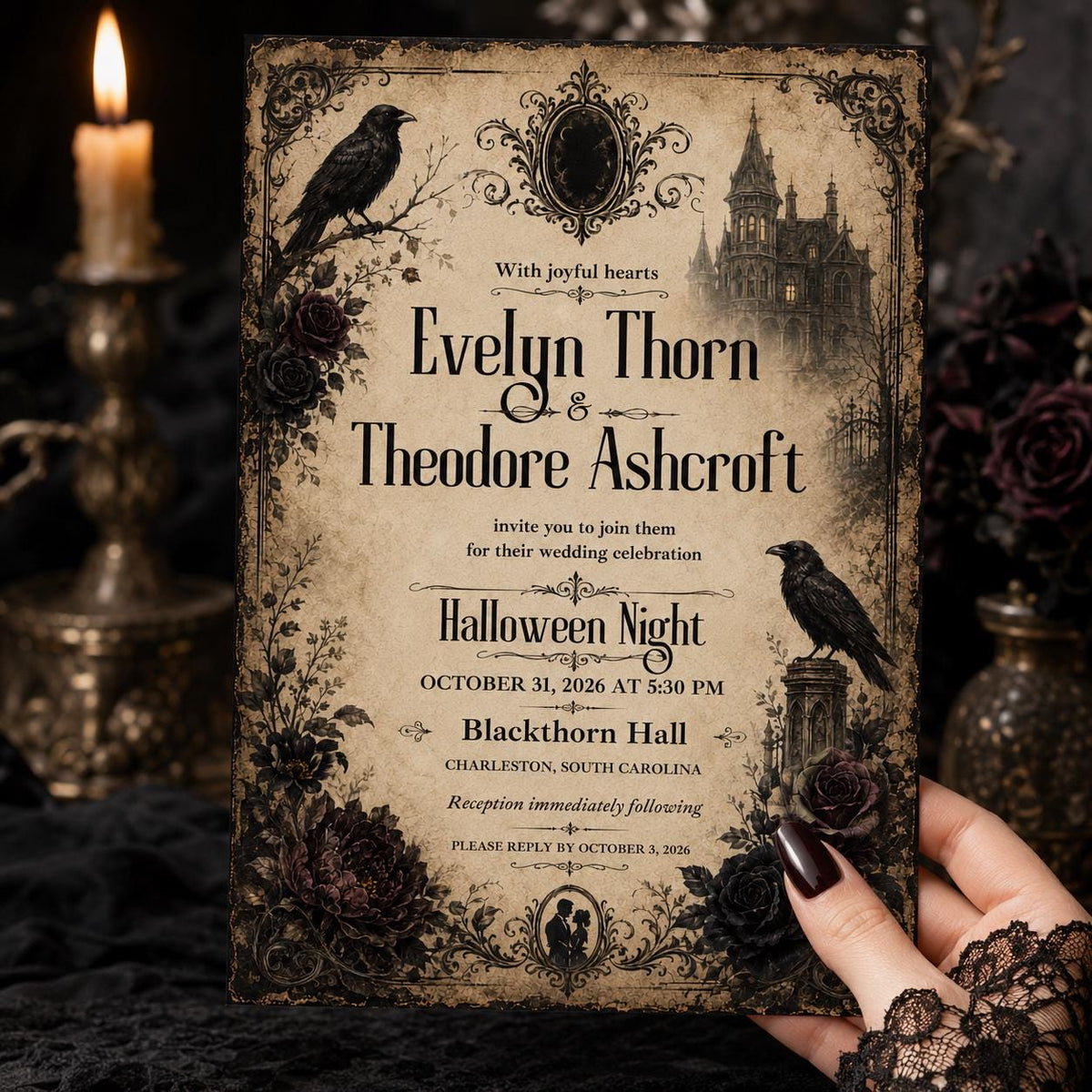 Black Vintage Halloween Wedding Invitation — digital invitation, instant download