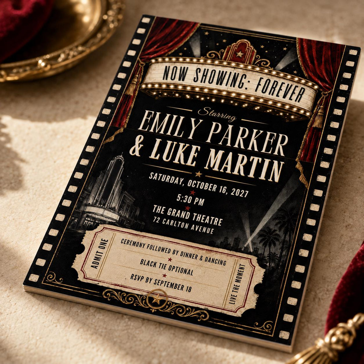 Black Vintage Movie Theater Wedding Invitation — digital invitation, instant download