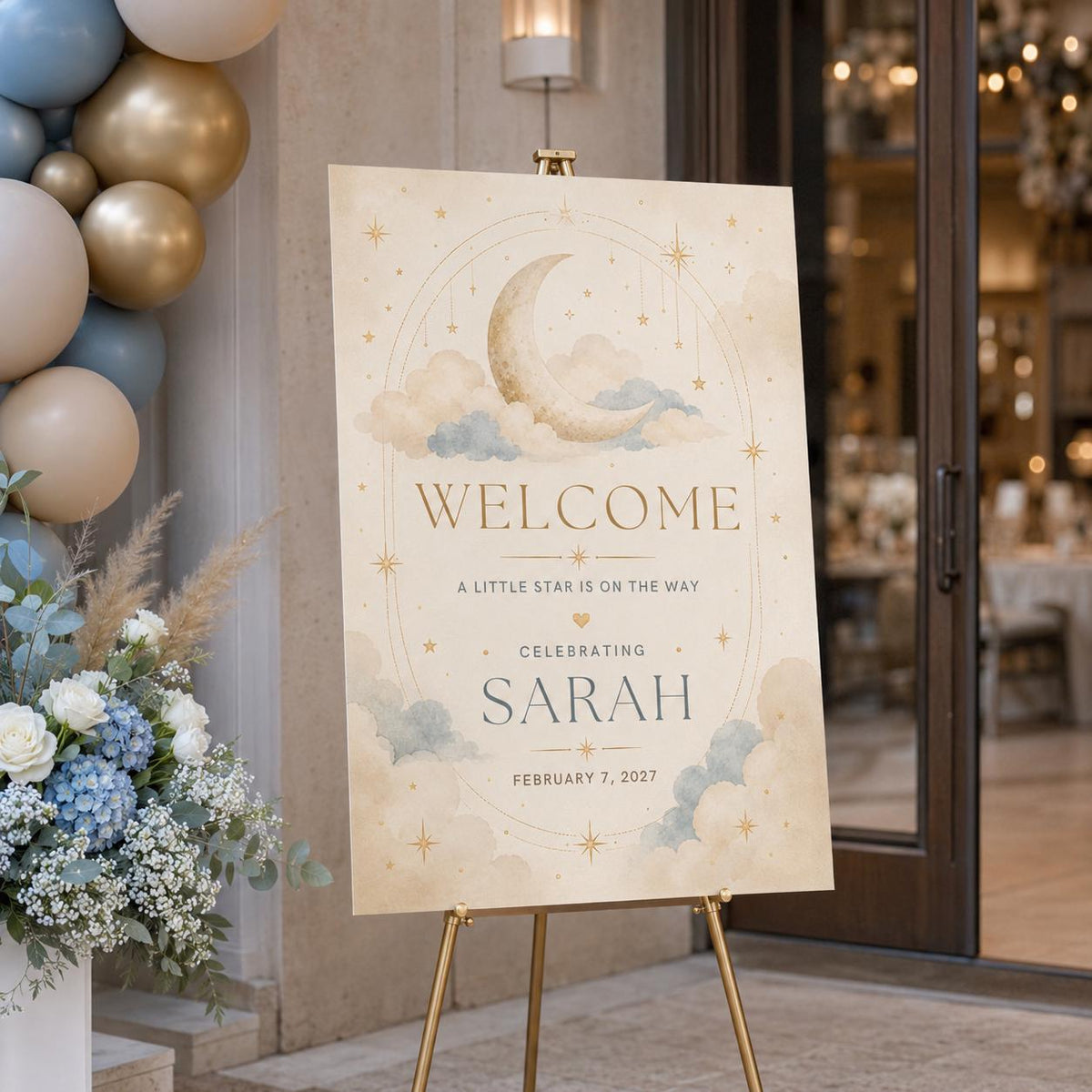 Blue and Gold Baby Shower Welcome Sign — welcome sign you personalize in Canva
