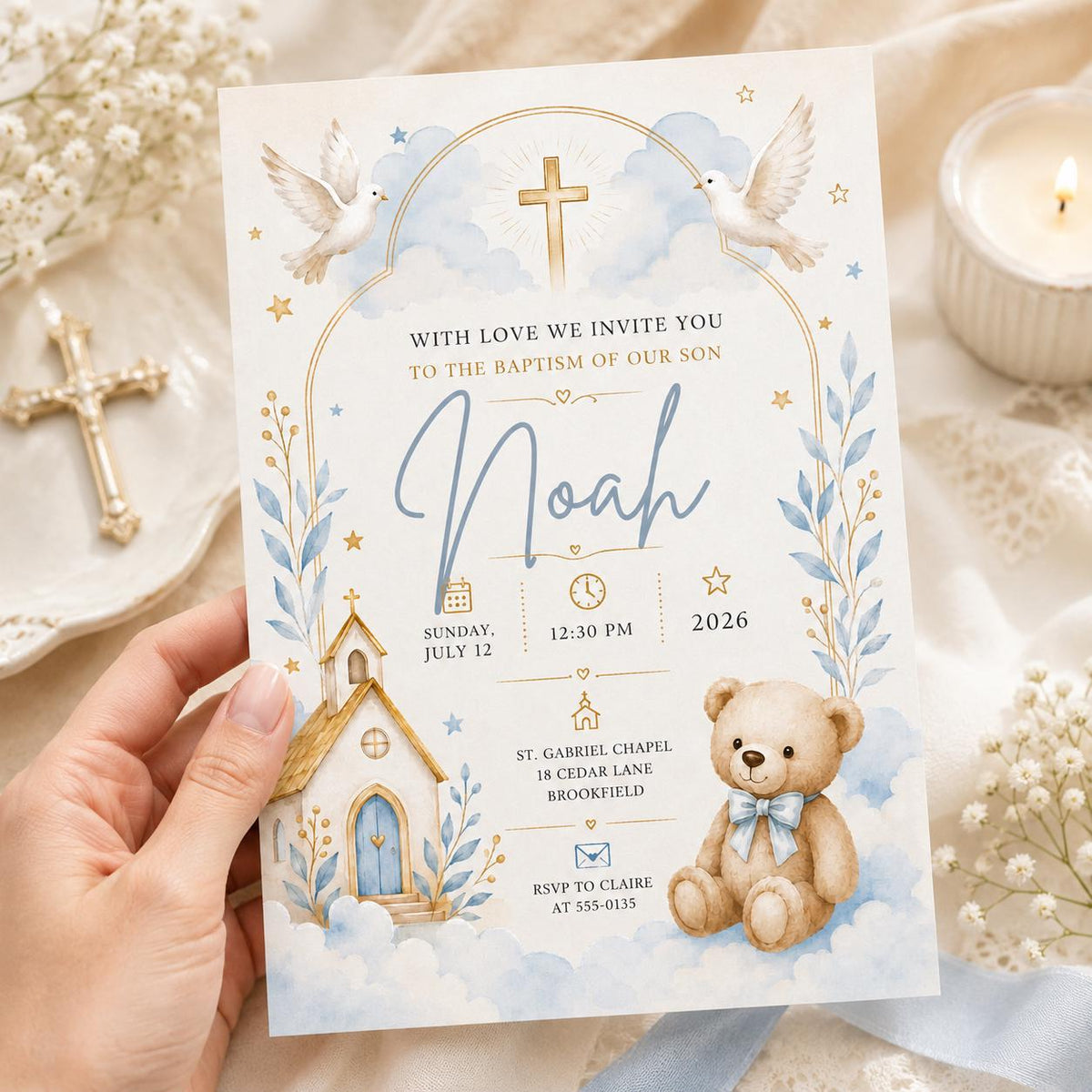 Blue and Gold Baptism Christening Invitation — print-ready baptism design from VoltBy