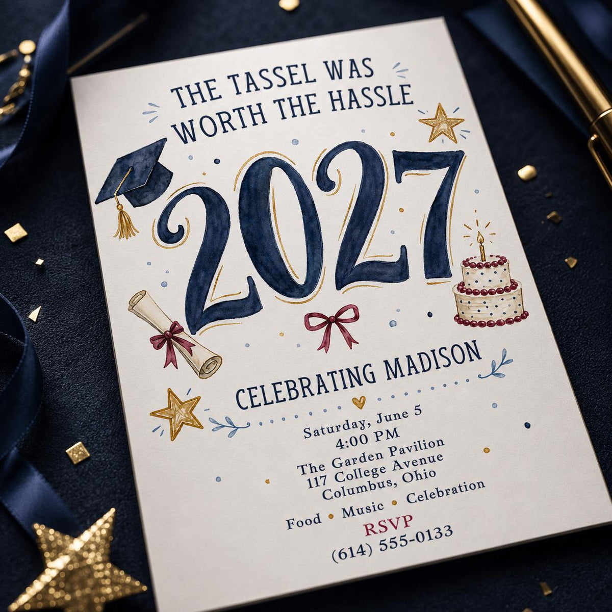 Blue and Gold Class of 2027 Graduation Invitation — graduation party stationery by VoltBy