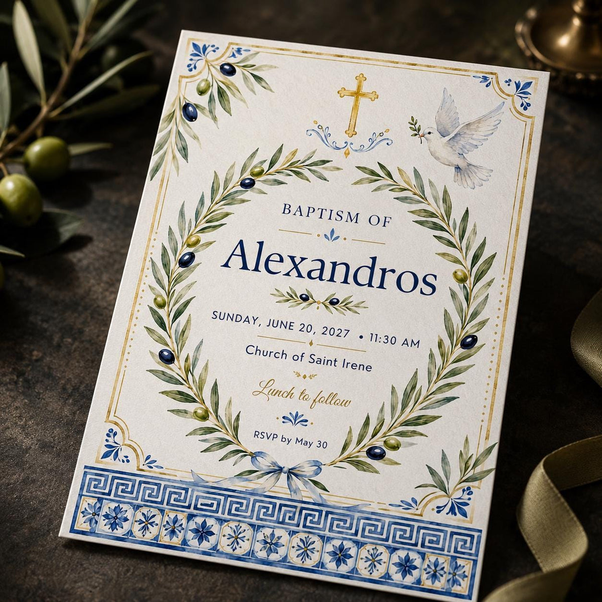 Blue and Gold Greek Baptism Invitation — digital invitation, instant download