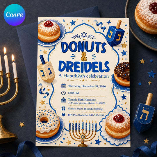 Blue and Gold Hanukkah Party Invitation