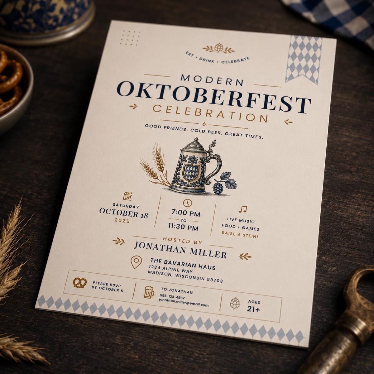 Blue and Gold Oktoberfest Party Invitation — print-ready Oktoberfest party design from VoltBy