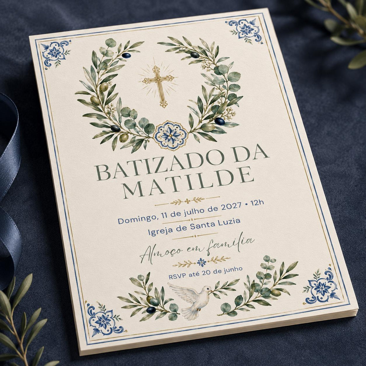 Blue and Gold Portuguese Baptism Invitation — print-ready baptism design from VoltBy