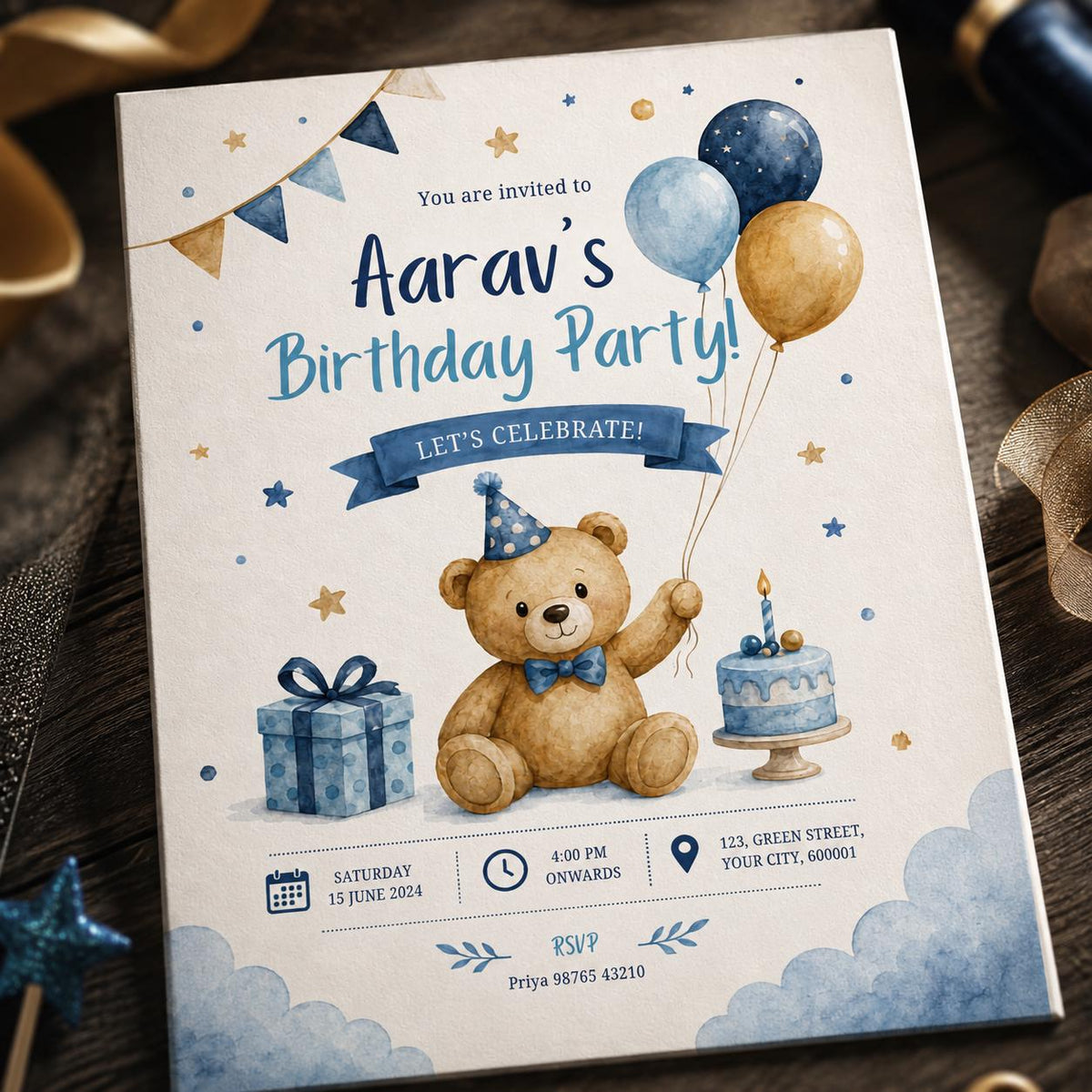 Blue and Gold Teddy Bear Birthday Invitation — digital invitation, instant download