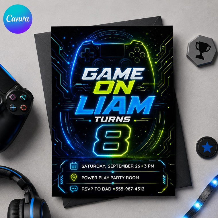 Blue and Green Gaming 8th Birthday Invitation for Boys