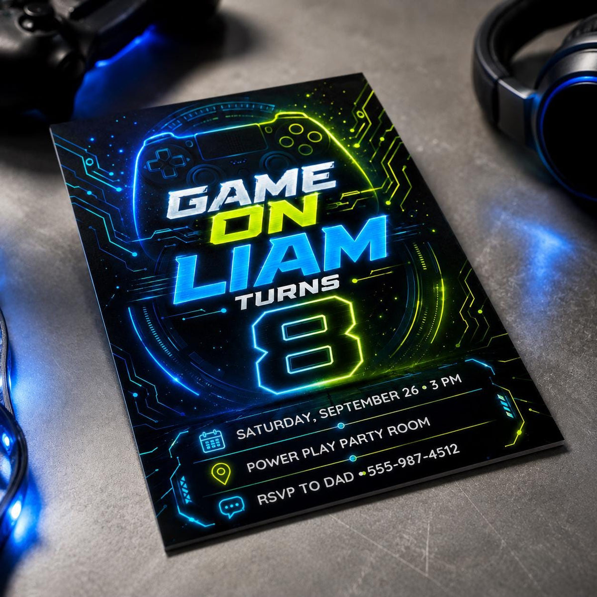 Blue and Green Gaming 8th Birthday Invitation for Boys — digital invitation, instant download