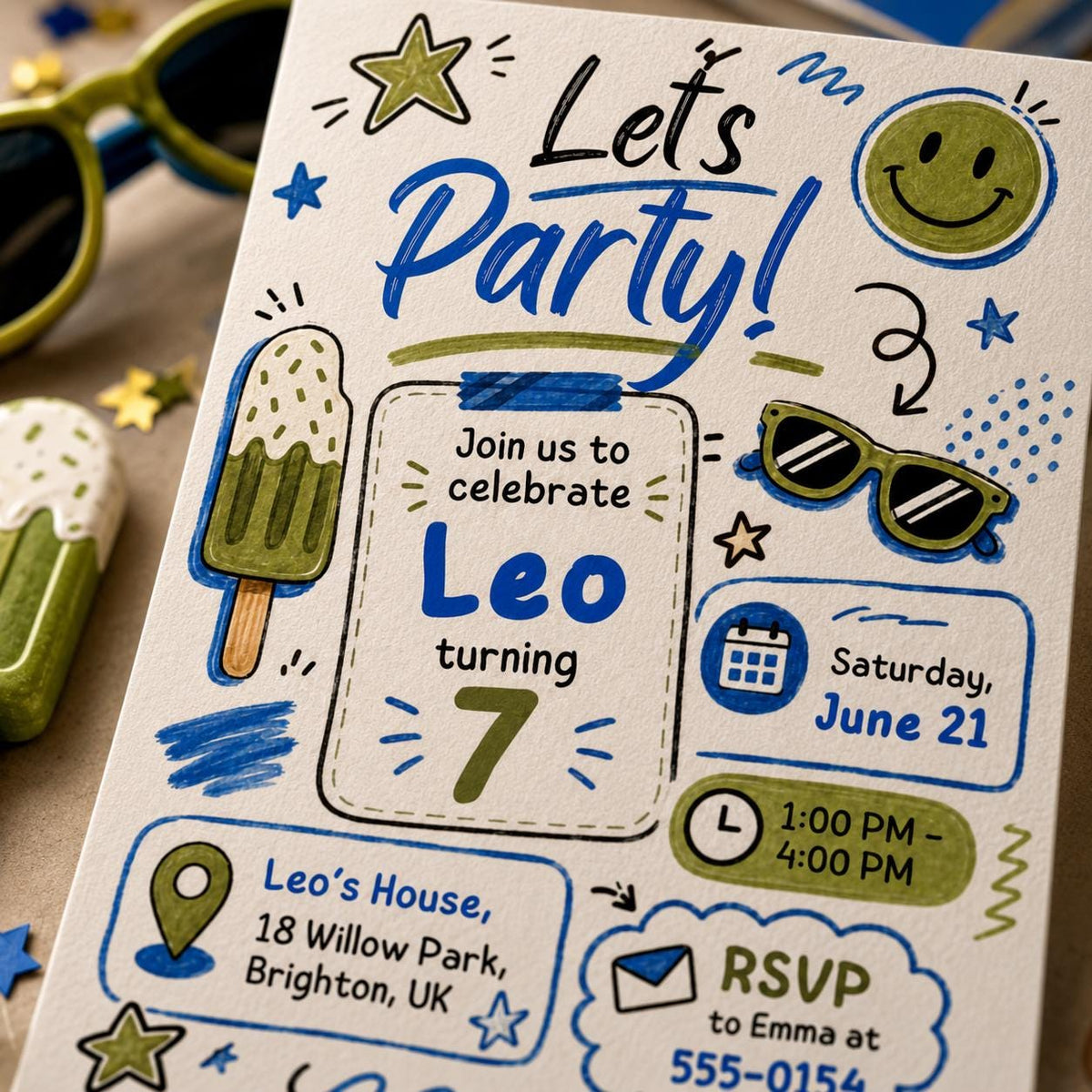 Blue and Green Lets Party 7th Birthday Invitation for Boys — digital invitation, instant download