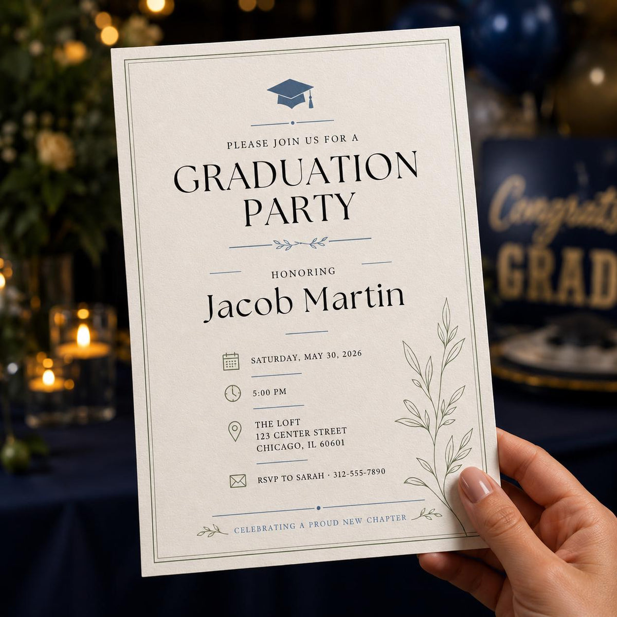 Blue and Green Minimalist Graduation Party Invitation — digital invitation, instant download