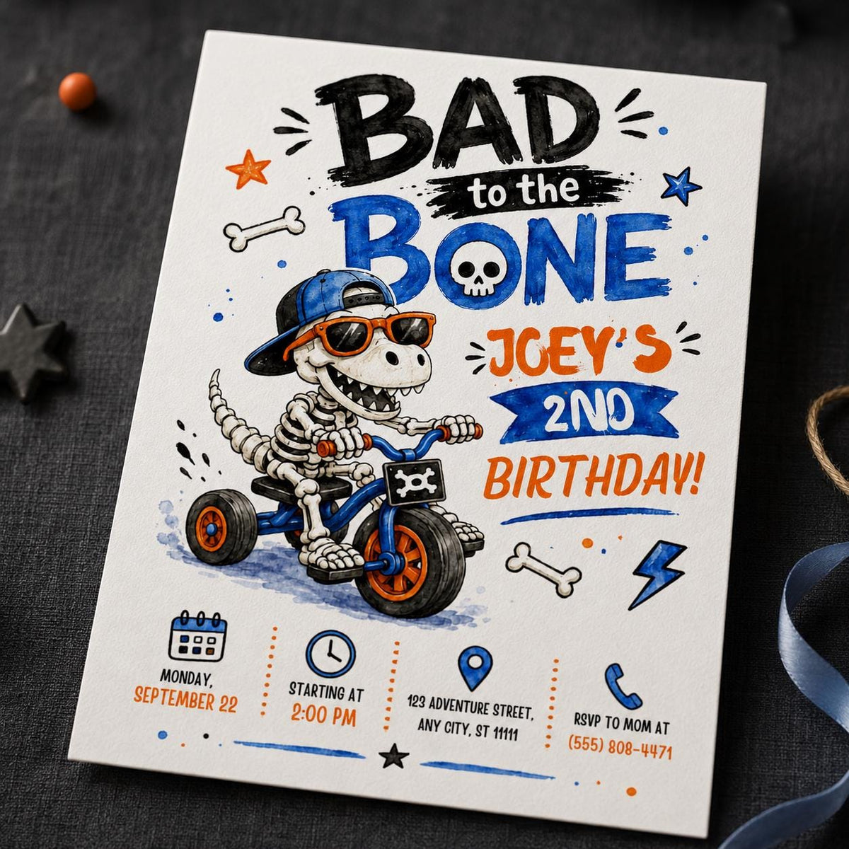 Blue and Orange Bad to the Bone 2nd Birthday Invitation for Boys — digital invitation, instant download