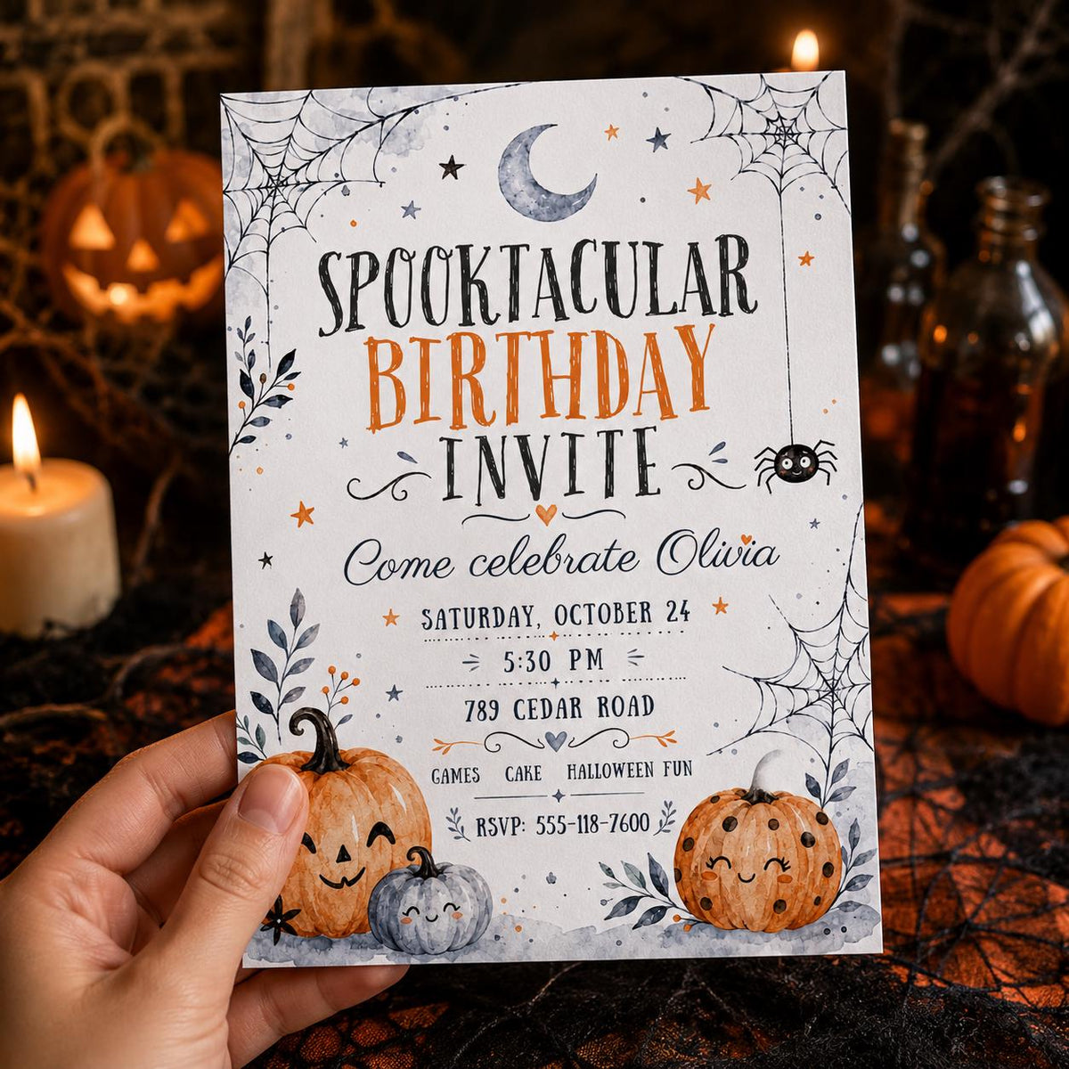 Blue and Orange Halloween Birthday Invitation — print-ready birthday party design from VoltBy