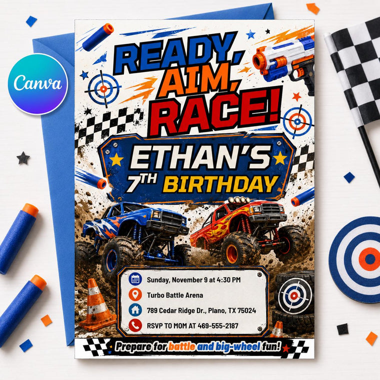 Blue and Orange Monster Truck Birthday Invitation