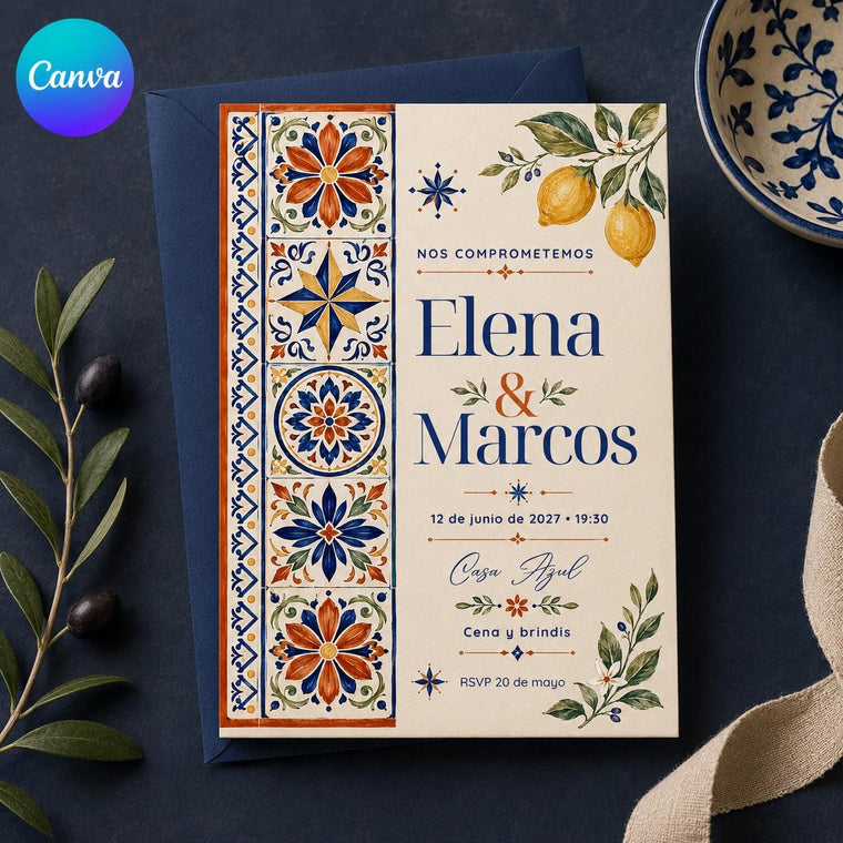 Blue and Orange Spanish Engagement Party Invitation