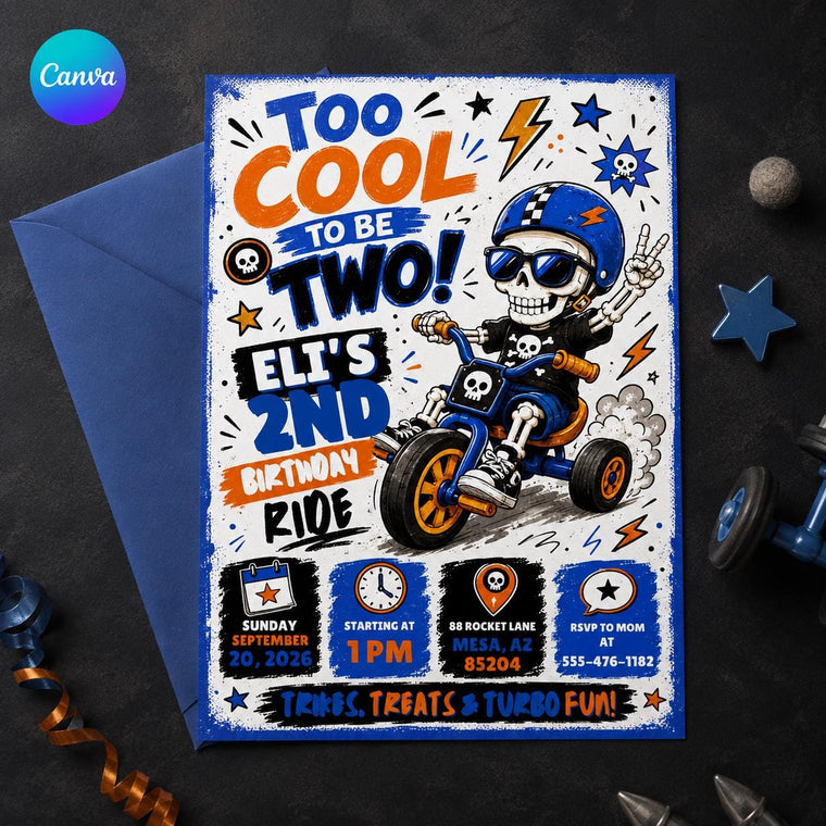 Blue and Orange Too Cool to Be Two Birthday Invitation for Boys