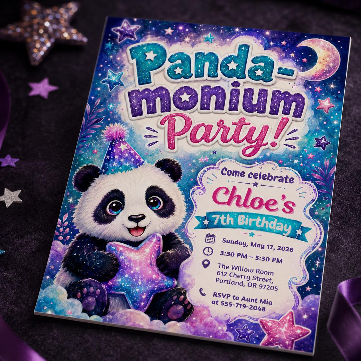 Blue and Purple Galaxy Panda 7th Birthday Invitation for Girls — digital invitation, instant download