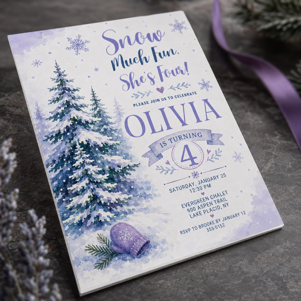 Blue and Purple Winter 4th Birthday Invitation for Girls — digital invitation, instant download