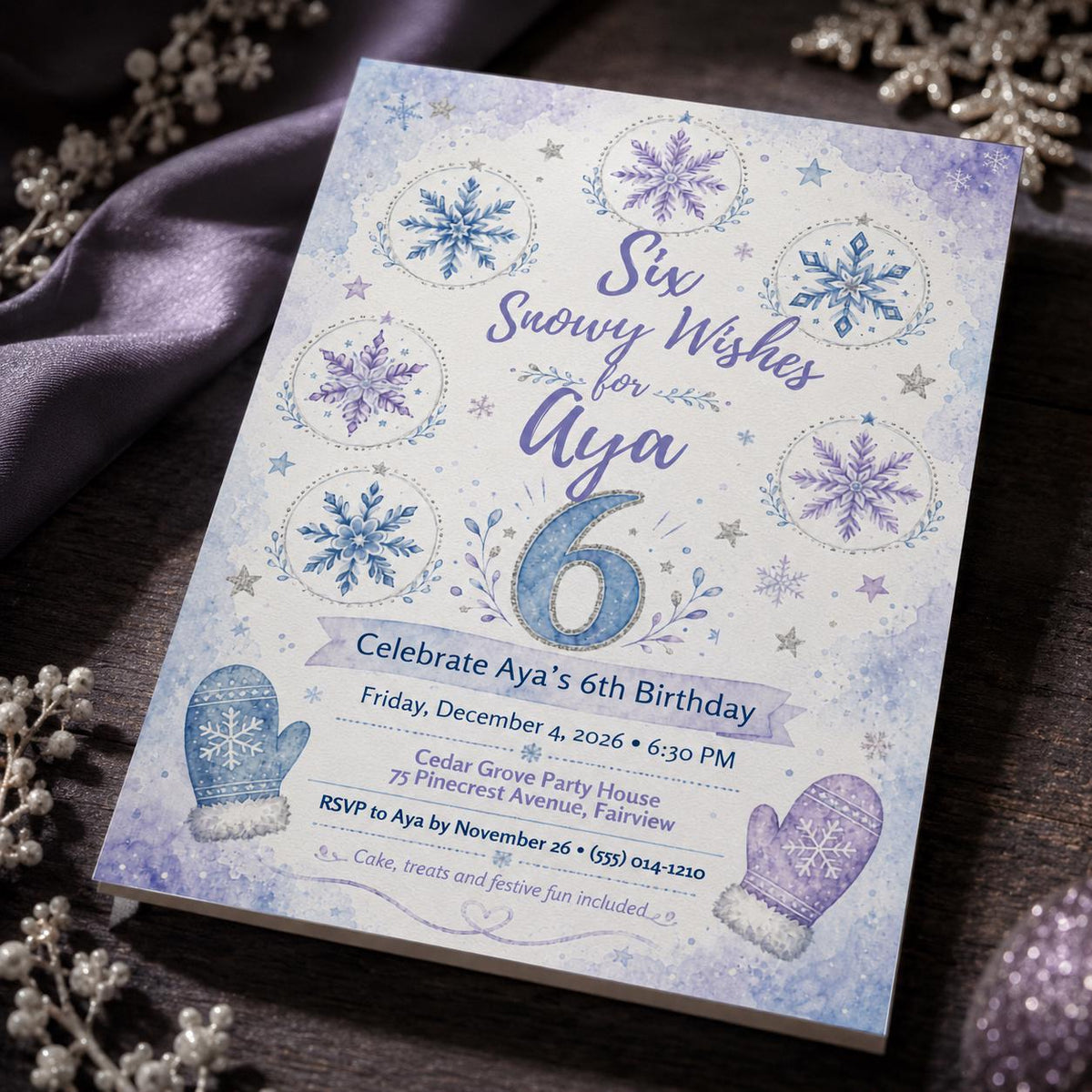Blue and Purple Winter 6th Birthday Invitation for Girls — digital invitation, instant download